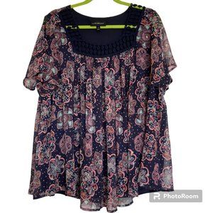 Lane Bryant Womens 16 Flutter Sleeve Blue Floral Blouse Crochet Trim Top